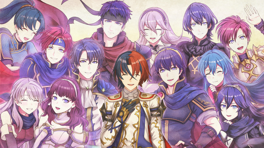 6+boys, 6+girls, :d, black_gloves, black_hairband, black_headband, blue_cape, blue_eyes, blue_hair, blue_headband, cape, celica_(emblem)_(fire_emblem), celica_(fire_emblem), closed_mouth, crossed_bangs, eirika_(emblem)_(fire_emblem), eirika_(fire_emblem), elbow_gloves, facing_viewer, female_corrin_(emblem)_(fire_emblem), female_corrin_(fire_emblem), fire_emblem, fire_emblem:_genealogy_of_the_holy_war, fire_emblem:_mystery_of_the_emblem, fire_emblem:_path_of_radiance, fire_emblem:_radiant_dawn, fire_emblem:_the_blazing_blade, fire_emblem:_the_sacred_stones, fire_emblem:_thracia_776, fire_emblem:_three_houses, fire_emblem_awakening, fire_emblem_echoes:_shadows_of_valentia, fire_emblem_engage, fire_emblem_fates, game_cg, gloves, green_hair, hair_between_eyes, hairband, hand_on_own_chest, happy, headband, highres, ike_(emblem)_(fire_emblem), ike_(fire_emblem), leif_(emblem)_(fire_emblem), leif_(fire_emblem), long_hair, looking_at_viewer, lucina_(emblem)_(fire_emblem), lucina_(fire_emblem), lyn_(emblem)_(fire_emblem), lyn_(fire_emblem), male_alear_(fire_emblem), male_byleth_(emblem)_(fire_emblem), male_byleth_(fire_emblem), marth_(emblem)_(fire_emblem), marth_(fire_emblem), micaiah_(emblem)_(fire_emblem), micaiah_(fire_emblem), mika_pikazo, multicolored_hair, multiple_boys, multiple_girls, official_art, open_mouth, ponytail, red_hair, roy_(emblem)_(fire_emblem), roy_(fire_emblem), short_hair, sigurd_(emblem)_(fire_emblem), sigurd_(fire_emblem), smile, split-color_hair, teeth, tiara, tongue, two-tone_hair, upper_teeth_only, variant_set, waving, white_hairband, white_wrist_cuffs, wrist_cuffs