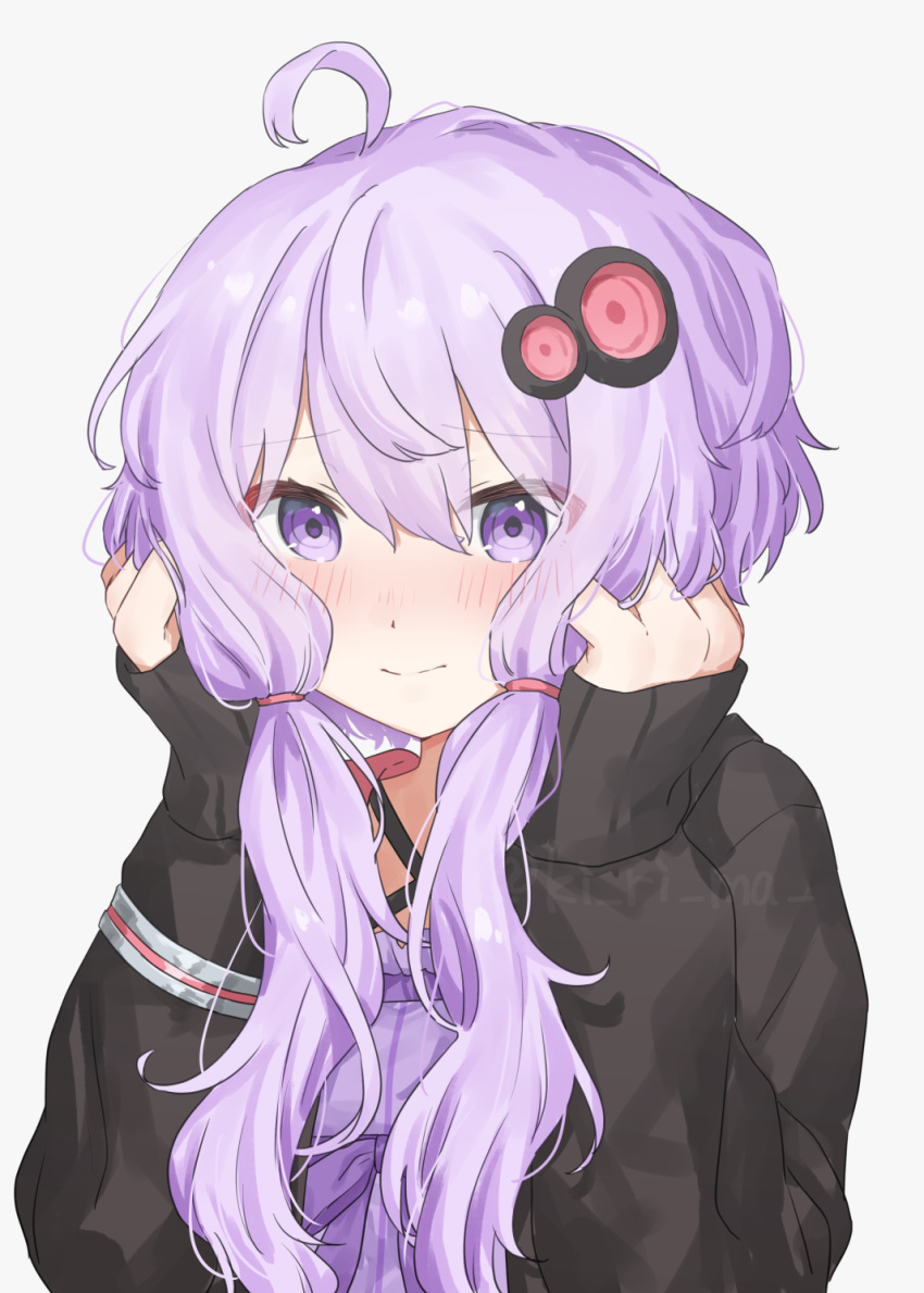 1girl, ahoge, black_jacket, blush, closed_mouth, commentary_request, criss-cross_halter, double-parted_bangs