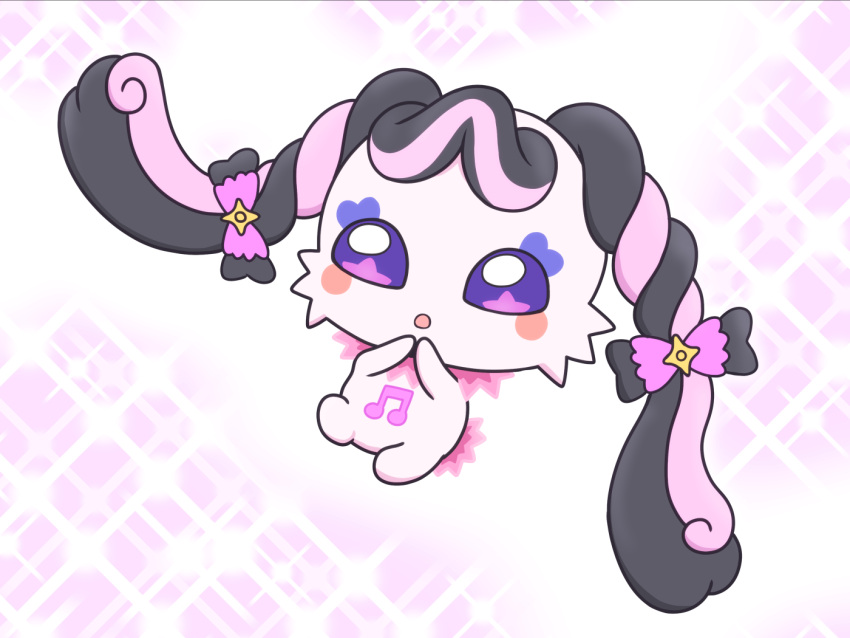 1girl, :o, beamed_eighth_notes, black_bow, black_hair, blush_stickers, bow, butterfly_bow