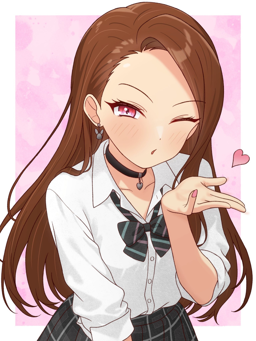 1girl, 82k_mugi, asymmetrical_bangs, black_bow, black_bowtie, black_choker, blowing_kiss, blush, border, bow, bowtie, brown_hair, choker, collarbone, collared_shirt, concept_gyarus_(idolmaster), diagonal-striped_bow, diagonal-striped_bowtie, diagonal-striped_clothes, dot_nose, earrings, eyelashes, forehead, grey_skirt, gyaru, hair_over_shoulder, hand_up, heart, heart_choker, highres, idolmaster, idolmaster_(classic), idolmaster_million_live!, idolmaster_million_live!_theater_days, jewelry, long_hair, looking_at_viewer, loose_bowtie, minase_iori, official_alternate_costume, one_eye_closed, open_collar, outside_border, parted_lips, pink_background, pink_eyes, pink_nails, plaid_clothes, plaid_skirt, pleated_skirt, rabbit_earrings, school_uniform, shirt, single_sidelock, skirt, sleeves_rolled_up, solo, striped_clothes, swept_bangs, upper_body, white_border, white_shirt