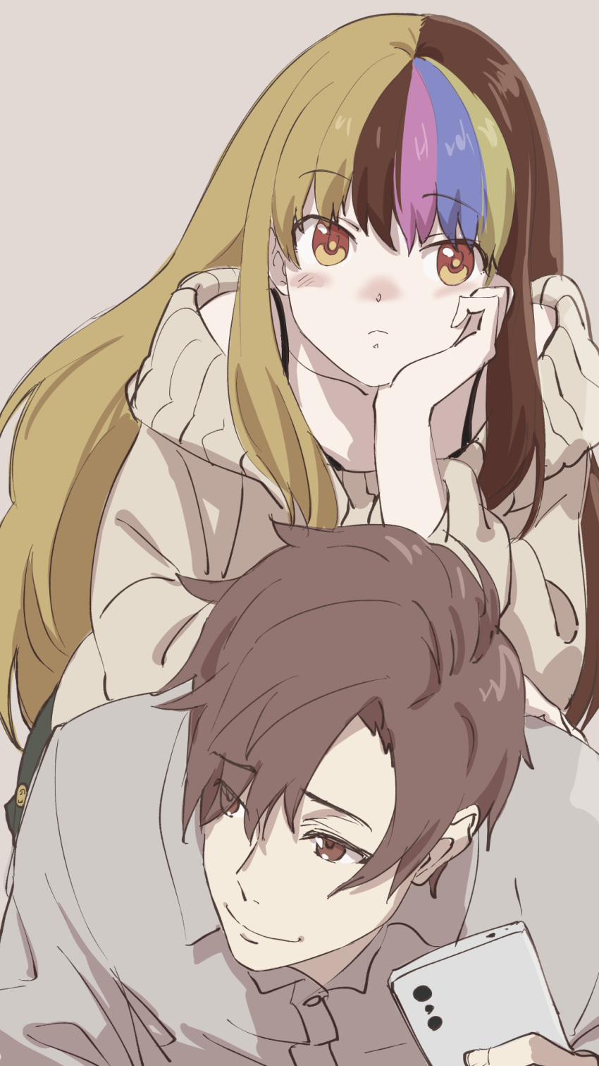 1boy, 1girl, bare_shoulders, behind_another, black_camisole, blonde_hair, blue_hair, brown_background
