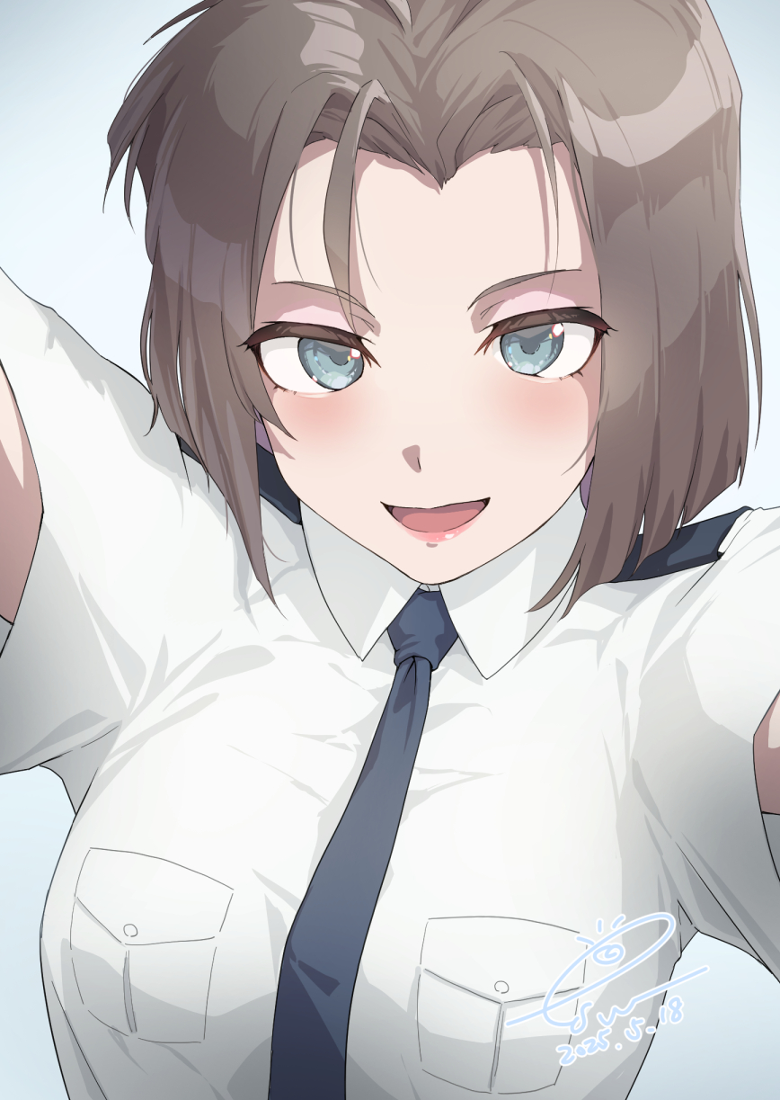 1girl, between_breasts, black_necktie, blush, breasts, brown_hair, esw_artca, green_eyes