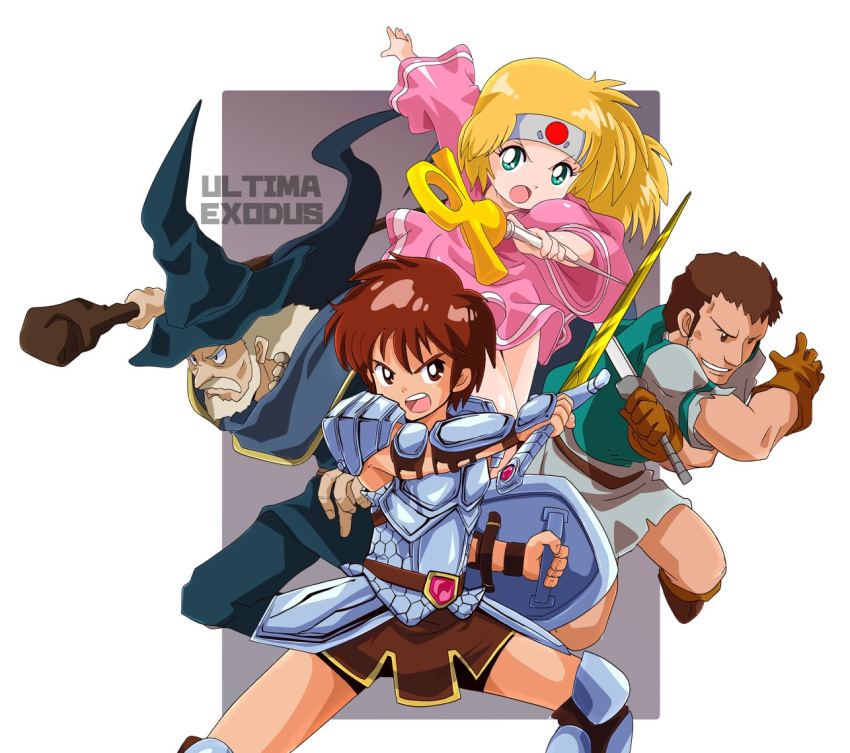 1girl, 3boys, armor, blonde_hair, brown_eyes, brown_gloves, commentary_request, fighter_(ultima_iii)