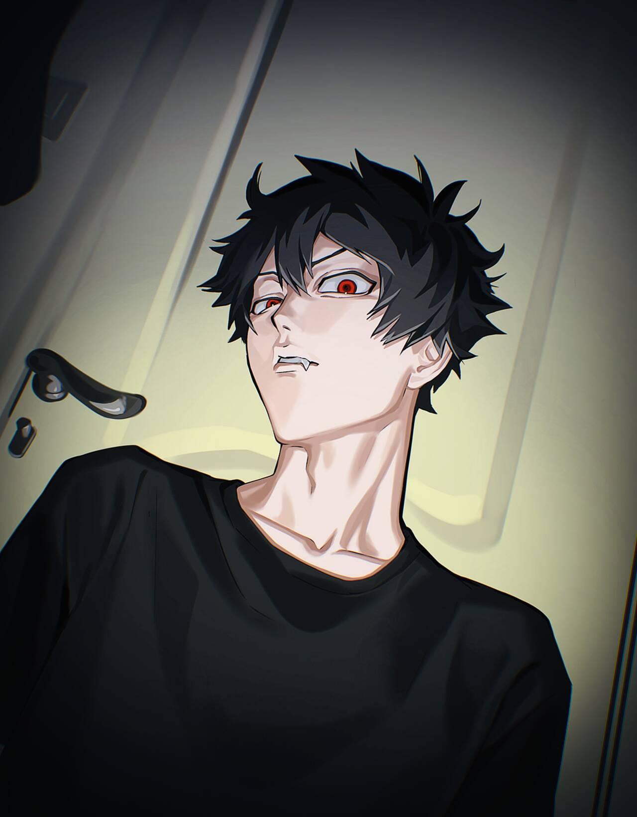 1boy, black_hair, black_shirt, collarbone, cropped_torso, door, doorknob, fangs, fangs_out, hair_between_eyes, highres, looking_at_viewer, male_focus, mogari_shishikuno, neck, original, phantom_busters, red_eyes, shirt, solo, user_zxhj7273