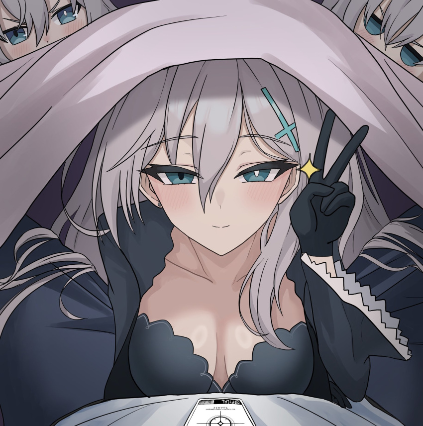 animal_ears, blue_eyes, breasts, cross_hair_ornament, dress, extra_ears, from_above, grey_hair, hair_ornament, highres, long_hair, looking_at_viewer, mismatched_pupils, name_tag, pinnyonn0375, shiroko_(blue_archive), shiroko_terror_(blue_archive), v