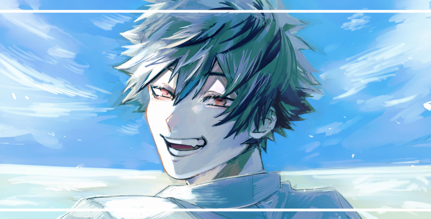 1boy, black_hair, blue_sky, fangs, hair_between_eyes, highres, looking_at_viewer, looking_back