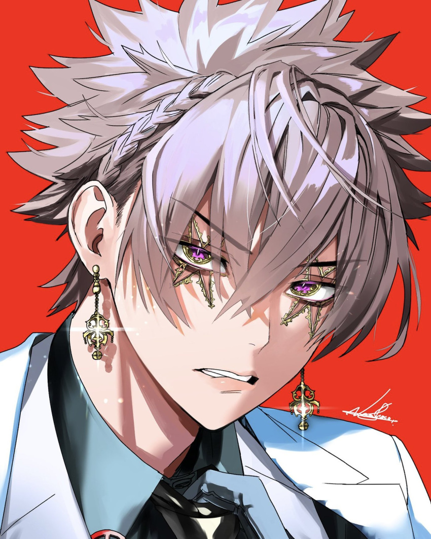 1boy, cross_scar, earrings, gold_earrings, hair_between_eyes, highres, jewelry, kanzaki_kaoru, looking_at_viewer, male_focus, neoshoco, phantom_busters, red_background, scar, short_hair, simple_background, solo, spiky_hair, suit, teeth, violet_eyes, white_suit