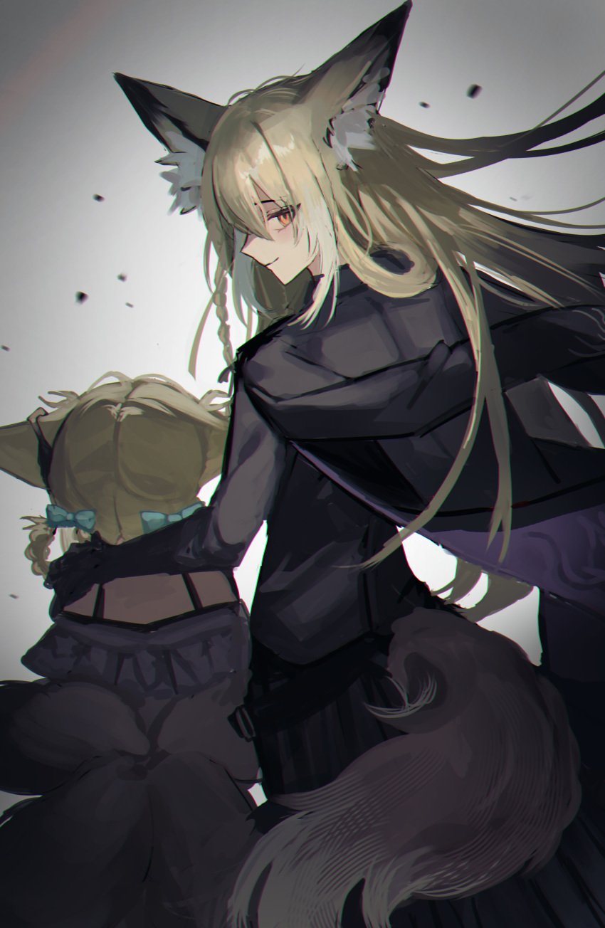 2girls, absurdres, animal_ear_fluff, animal_ears, arknights, black_jacket, blue_bow, bow, braid, braided_hair_rings, chromatic_aberration, closed_mouth, commentary, es_(es_f0x), fox_ears, fox_girl, fox_tail, from_behind, hair_bow, hair_rings, highres, jacket, kitsune, kyuubi, long_hair, looking_back, mother_and_daughter, multiple_girls, multiple_tails, orange_eyes, short_hair, suzuran_(arknights), symbol-only_commentary, tail, twin_braids, vulpisfoglia_(arknights)