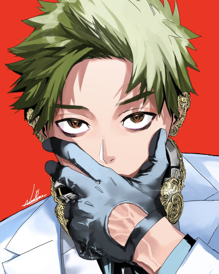 1boy, brown_eyes, earrings, green_hair, hand_on_own_face, hand_to_own_mouth, highres, jewelry, kotaro_tamon, looking_at_viewer, male_focus, neoshoco, phantom_busters, red_background, shirt, short_hair, simple_background, solo, suit, veins, veiny_hands, white_suit