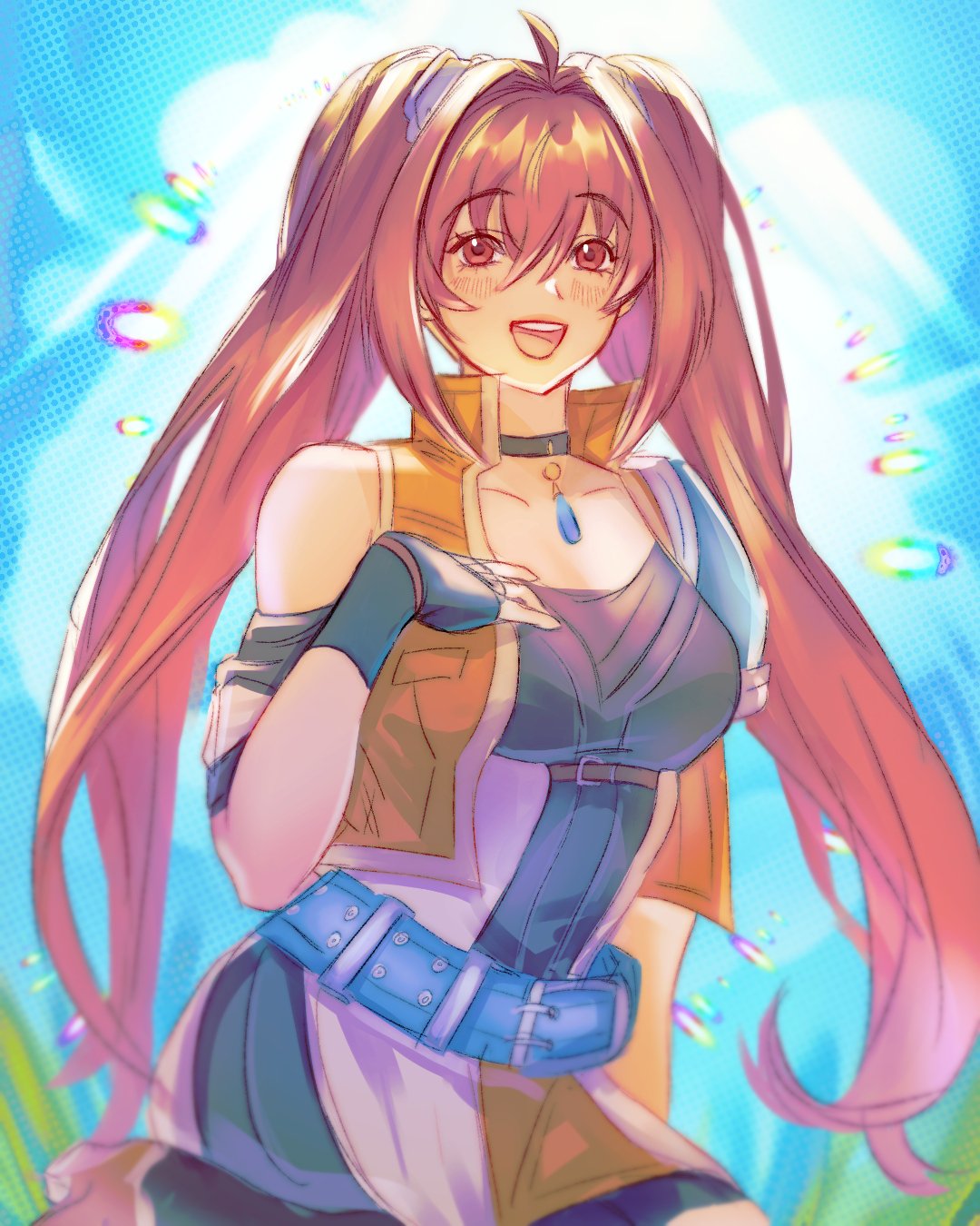 1girl, ahoge, antenna_hair, bare_shoulders, black_gloves, blue_sky, breasts, brown_hair, clouds, commission, cowboy_shot, cropped_jacket, double-parted_bangs, eiyuu_densetsu, english_commentary, estelle_bright, fingerless_gloves, floating_hair, gloves, hair_between_eyes, hair_intakes, highres, large_breasts, long_hair, open_mouth, outdoors, pendant_choker, red_eyes, second-party_source, short_sleeves, sky, smile, solo, sora_no_kiseki, twintails, upper_body, vaccariia