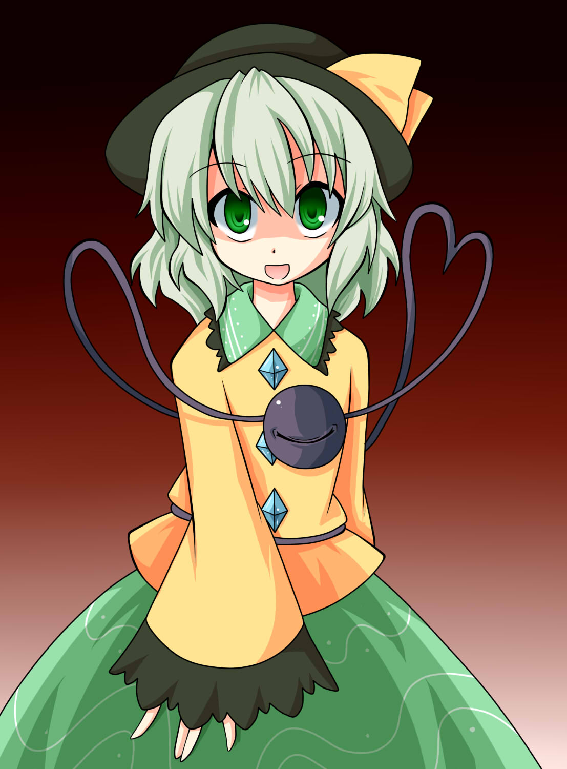 akatsubon, blush, eyeball, green_eyes, green_hair, hat, heart, heart_of_string, highres, komeiji_koishi, silver_hair, skirt, solo, sun_hat, third_eye, touhou