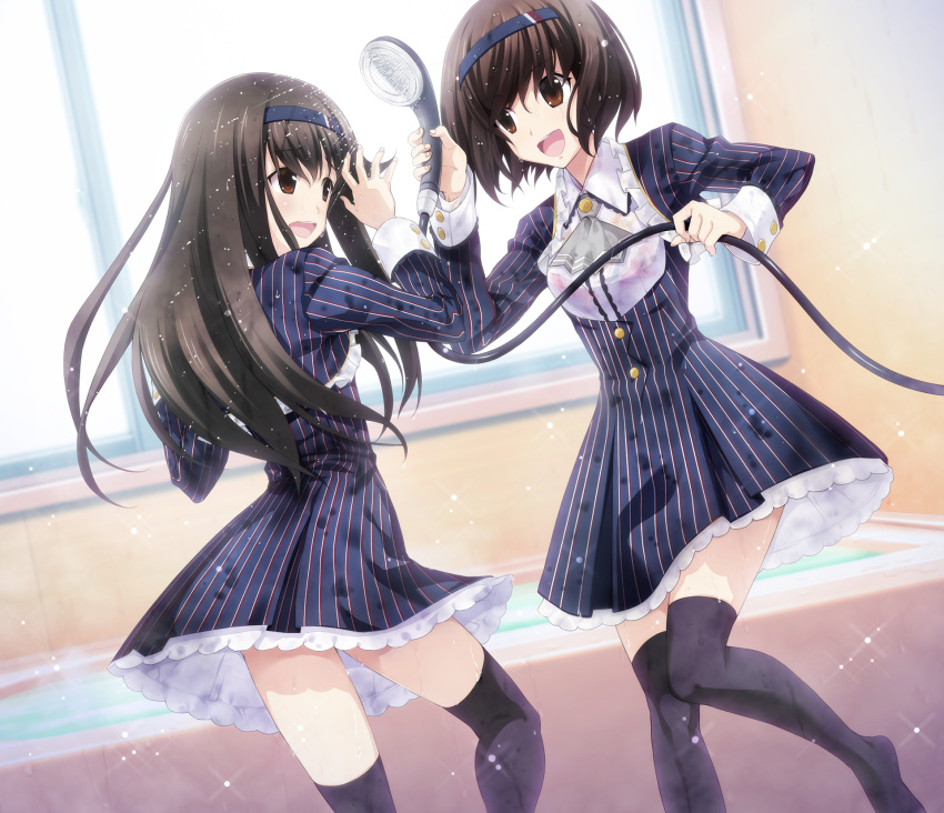 1boy, 1girl, ascot, bath, bathroom, black_hair, black_thighhighs, blue_hairband