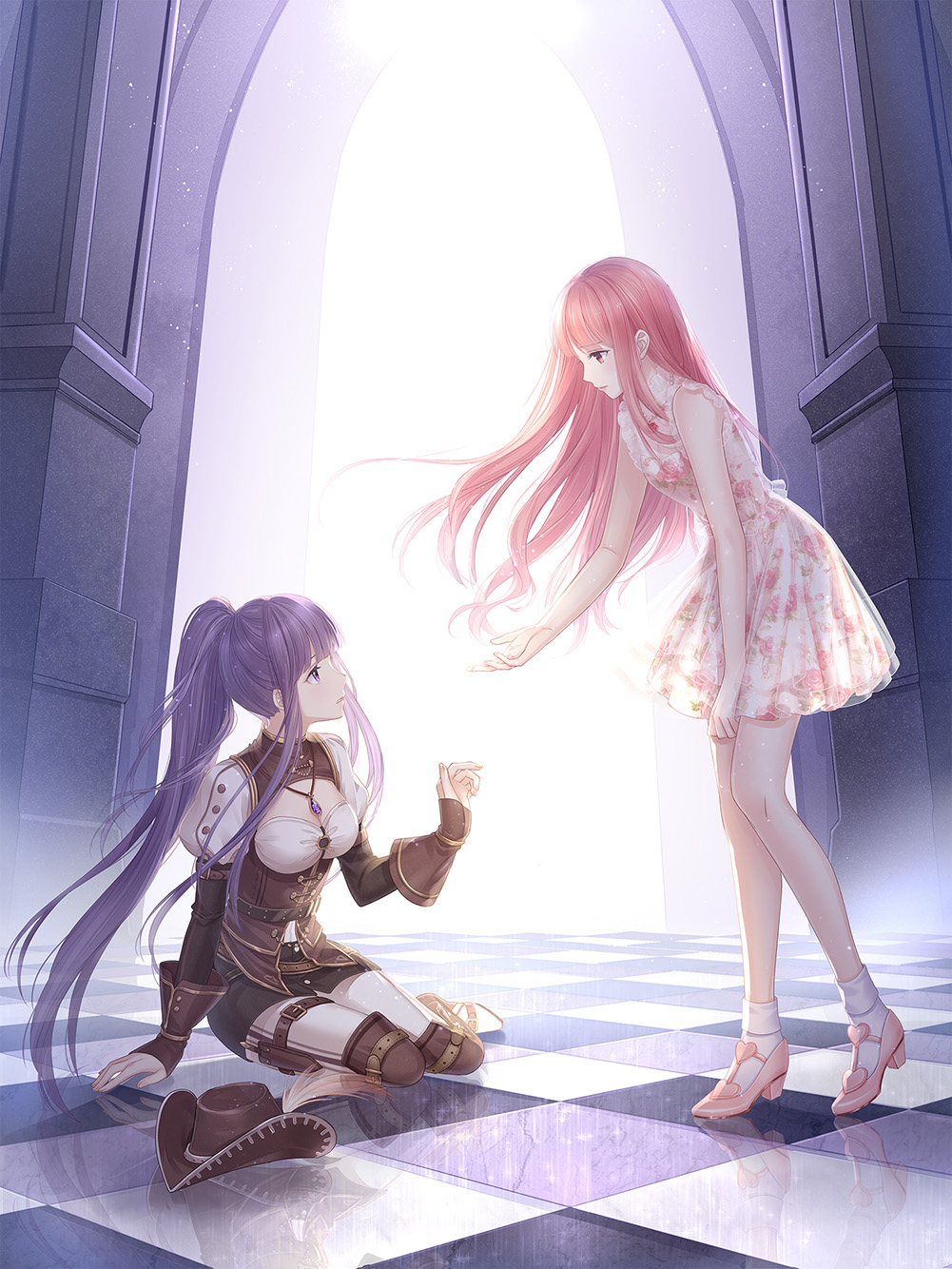 2girls, ace_(miracle_nikki), arch, artist_request, bare_arms, bare_legs, bare_shoulders, belt