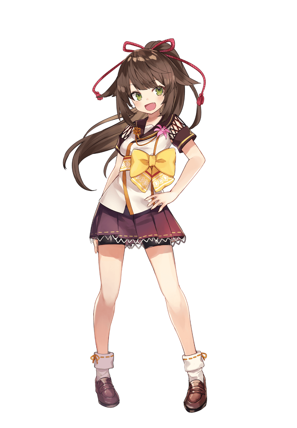 1girl, artist_request, asamushi_yuuna, bike_shorts, breasts, fang, full_body, green_eyes, hair_ribbon, hand_on_own_hip, highres, loafers, long_hair, official_art, onsen_musume, open_mouth, ponytail, red_ribbon, ribbon, shoes, short_sleeves, small_breasts, socks, standing, tongue, transparent_background, white_socks, yellow_ribbon