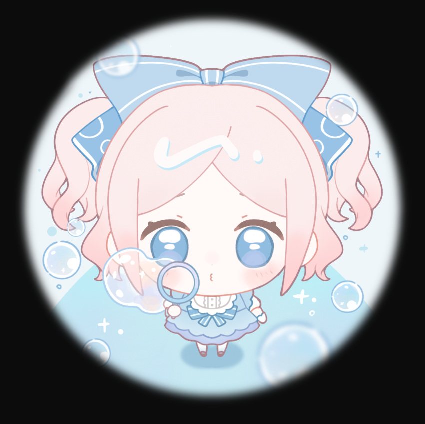 1girl, baonu_de_zhanshen_caibutou, black_border, black_shoes, blowing_bubbles, blue_background, blue_bow, blue_dress