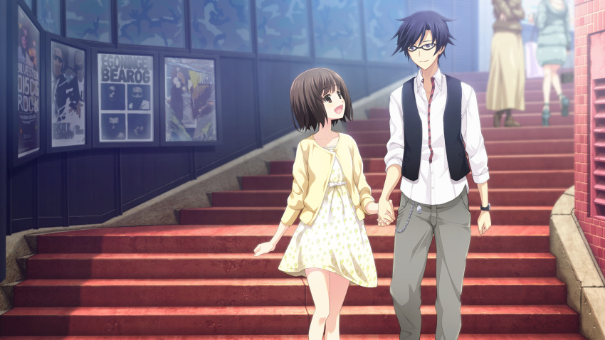 1boy, 1girl, belt_ribbon, blunt_bangs, blush, bow, brown_eyes, brown_hair