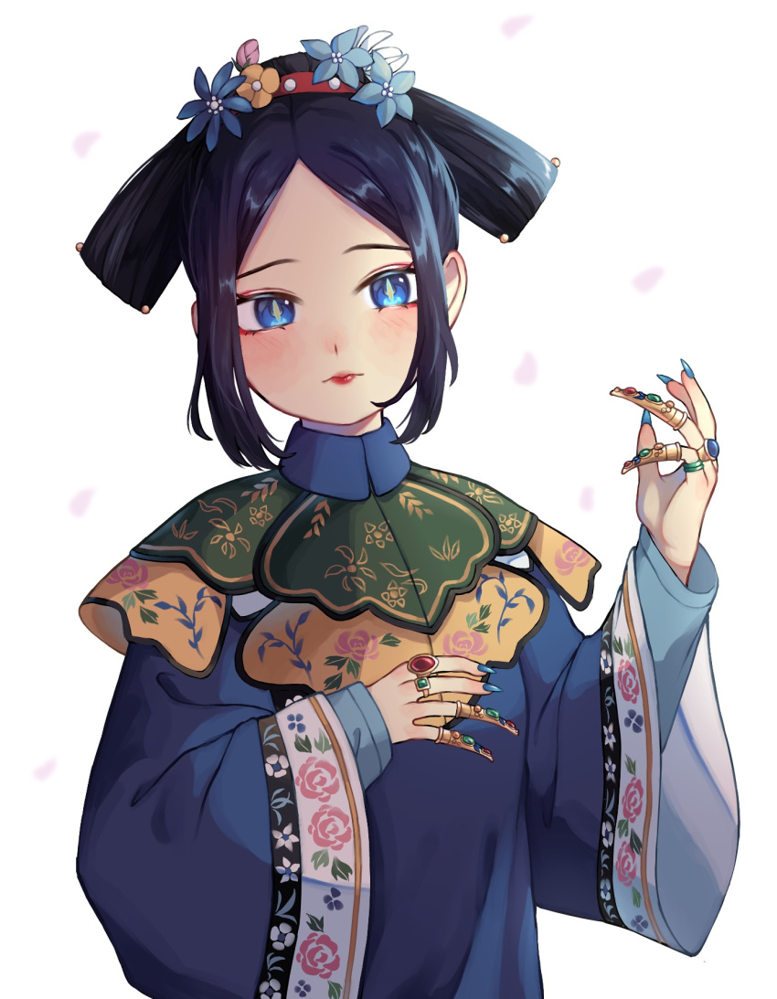 1girl, black_hair, blue_eyes, blush, chinese_clothes, claw_ring, eyeshadow, falling_petals