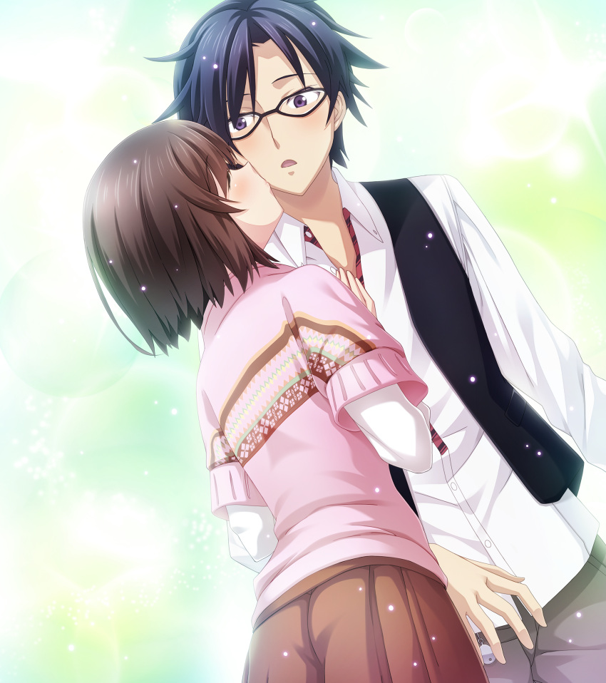 1boy, 1girl, blush, brown_hair, brown_pants, brown_shorts, chaos;child, chaos;child_love_chu_chu!