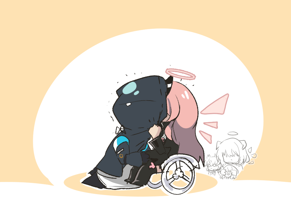 1other, 4girls, ambiguous_gender, arknights, black_jacket, chibi, detached_sleeves, doctor_(arknights), exusiai_(arknights), fiammetta_(arknights), halo, hood, hooded_jacket, jacket, kiss, lemuen_(arknights), long_hair, mostima_(arknights), multiple_girls, omo_(saindoc), pink_hair, siblings, simple_background, sisters, sitting, wheelchair