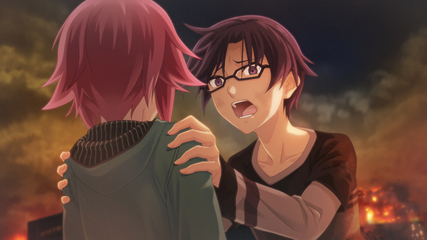 1boy, 1girl, burning, burning_building, chaos;child, chaos;child_love_chu_chu!, clouds, cloudy_sky