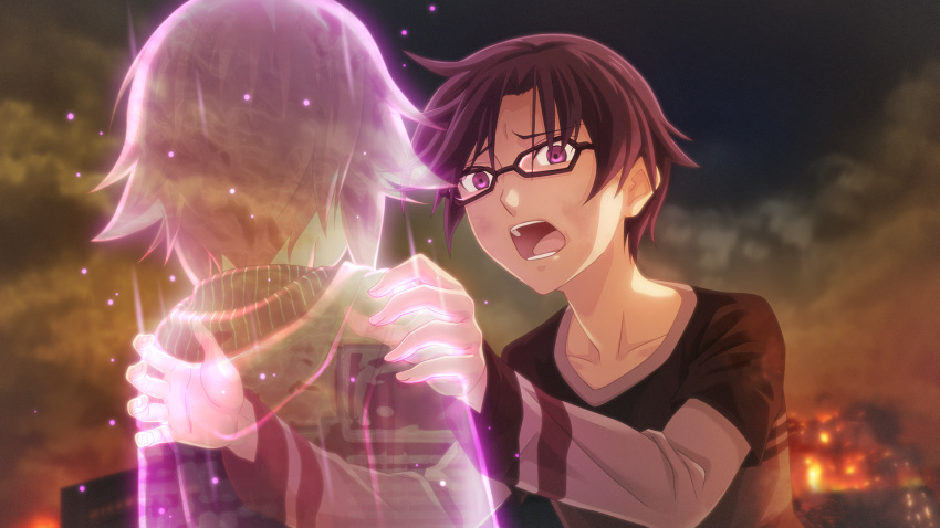 1boy, 1girl, burning, burning_building, chaos;child, chaos;child_love_chu_chu!, clouds, cloudy_sky