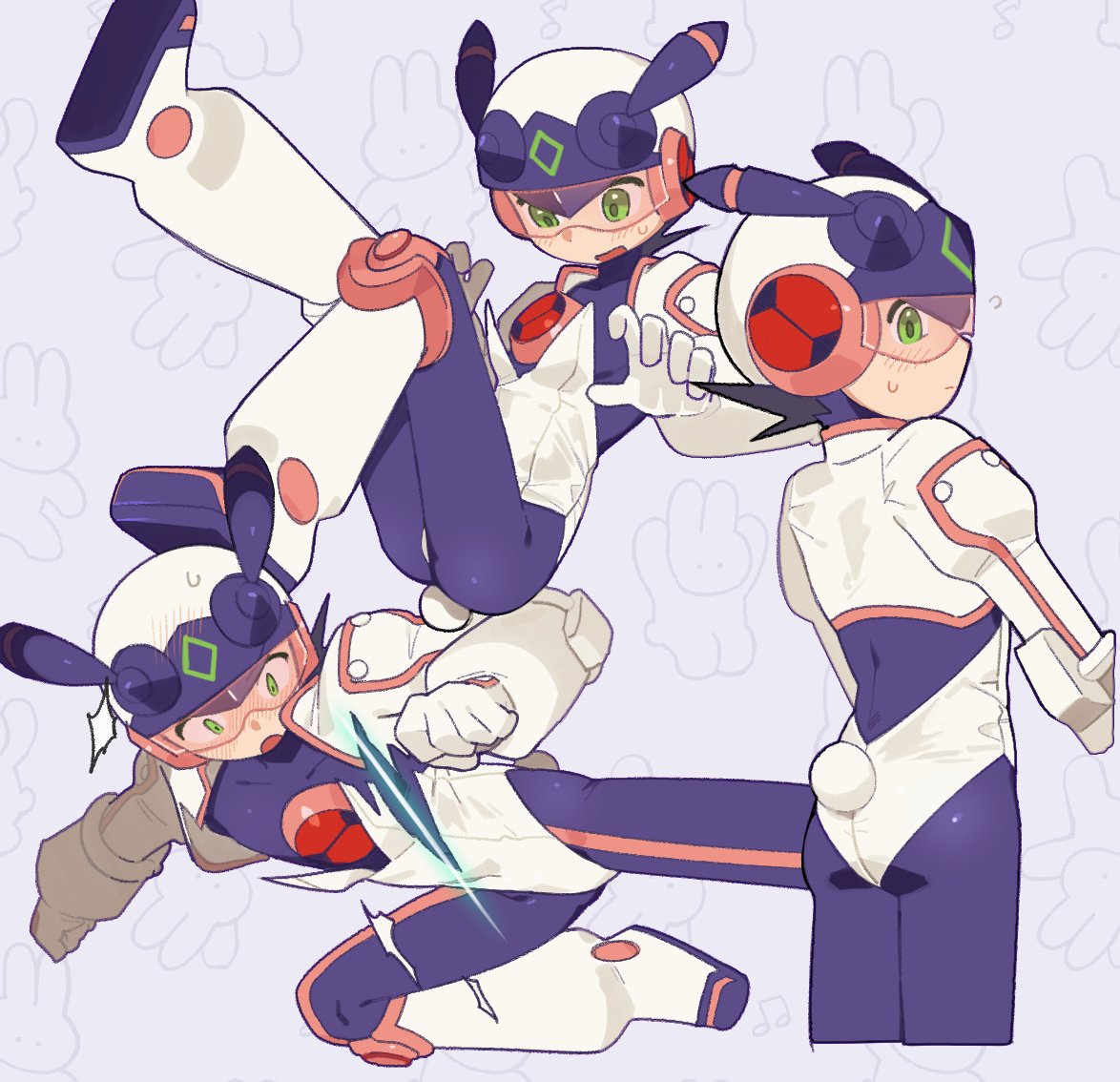 1boy, animal_ears, black_bodysuit, bodysuit, double_soul_(mega_man), fake_animal_ears, green_eyes, grey_background
