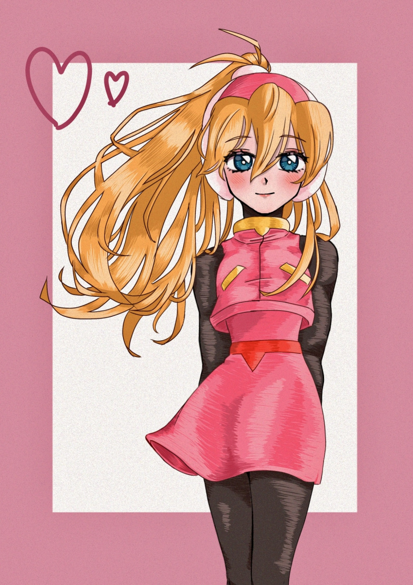 1girl, arms_behind_back, black_bodysuit, blonde_hair, blue_eyes, blush, bodysuit, bodysuit_under_clothes, border, ciel_(mega_man), cowboy_shot, high-waist_skirt, high_ponytail, highres, kintama0210, long_hair, mega_man_(series), mega_man_zero_(series), pink_border, pink_shirt, pink_skirt, ponytail, shirt, simple_background, skirt, solo, white_background