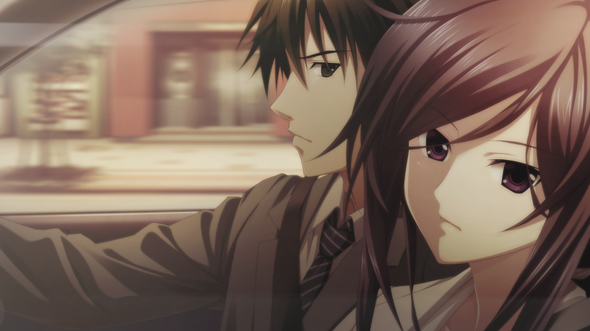 1boy, 1girl, adam's_apple, black_hair, brown_eyes, car, chaos;child, chaos;child_love_chu_chu!