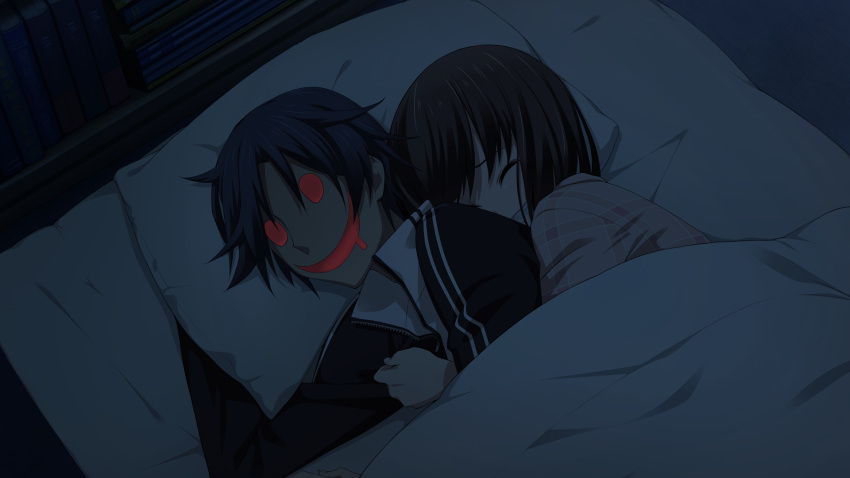 >_<, 1boy, 1girl, black_jacket, blanket, blue_hair, book, chaos;child