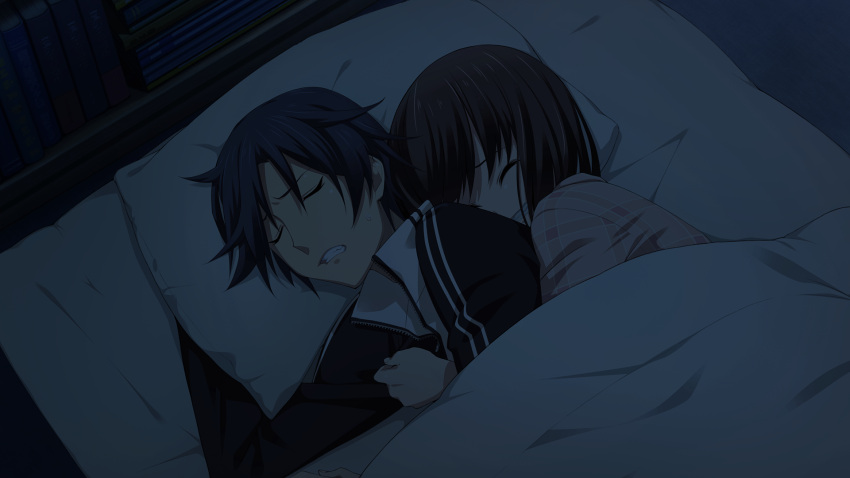 >_<, 1boy, 1girl, black_jacket, blanket, blue_hair, book, chaos;child