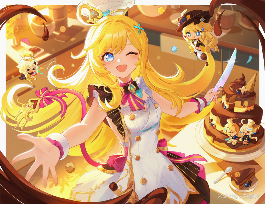 >_<, 1girl, 4girls, ;d, absurdres, apron, birthday_cake, blonde_hair, blue_eyes, bow, breasts, cake, chef_hat, chibi, chocolate, commentary_request, dafu_zhentan, dress, escoffier_(genshin_impact), food, fork, furina_(genshin_impact), genshin_impact, hair_ornament, hat, highres, holding, holding_knife, indoors, knife, long_hair, looking_at_viewer, lumine_(genshin_impact), multiple_girls, navia_(genshin_impact), one_eye_closed, open_mouth, paimon_(genshin_impact), plate, ribbon, sleeveless, smile, toque_blanche, very_long_hair, white_dress, wrist_cuffs