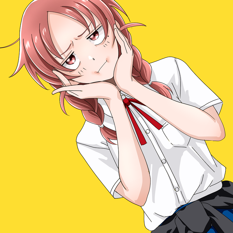 1girl, :i, blue_skirt, braid, breast_pocket, clothes_around_waist, collared_shirt, commentary_request
