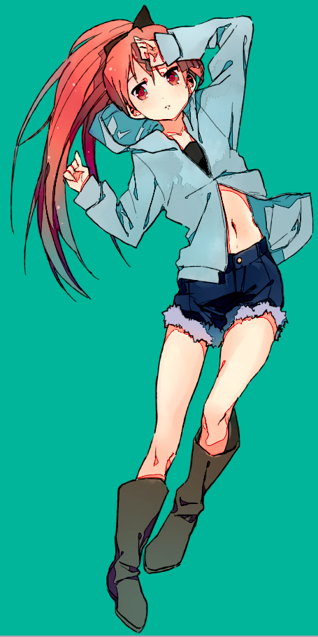 aram, boots, casual, denim, denim_shorts, hoodie, long_hair, mahou_shoujo_madoka_magica