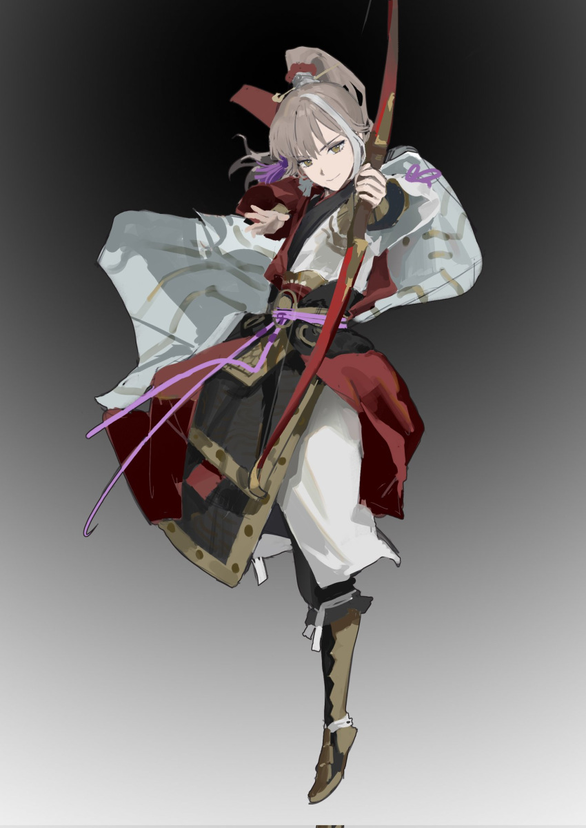 1boy, archer_(fate/samurai_remnant), armor, bow_(weapon), chinese_clothes, chinese_hairpin, fate/samurai_remnant, fate_(series), full_body, goose_s_letter, gradient_background, grey_background, grey_hair, hair_ornament, hanfu, high_ponytail, highres, holding, holding_bow_(weapon), holding_weapon, long_hair, looking_at_viewer, male_focus, multicolored_hair, ponytail, sidelocks, simple_background, smile, solo, streaked_hair, tassel, tassel_hair_ornament, weapon, xiao_guan_(headdress), yellow_eyes