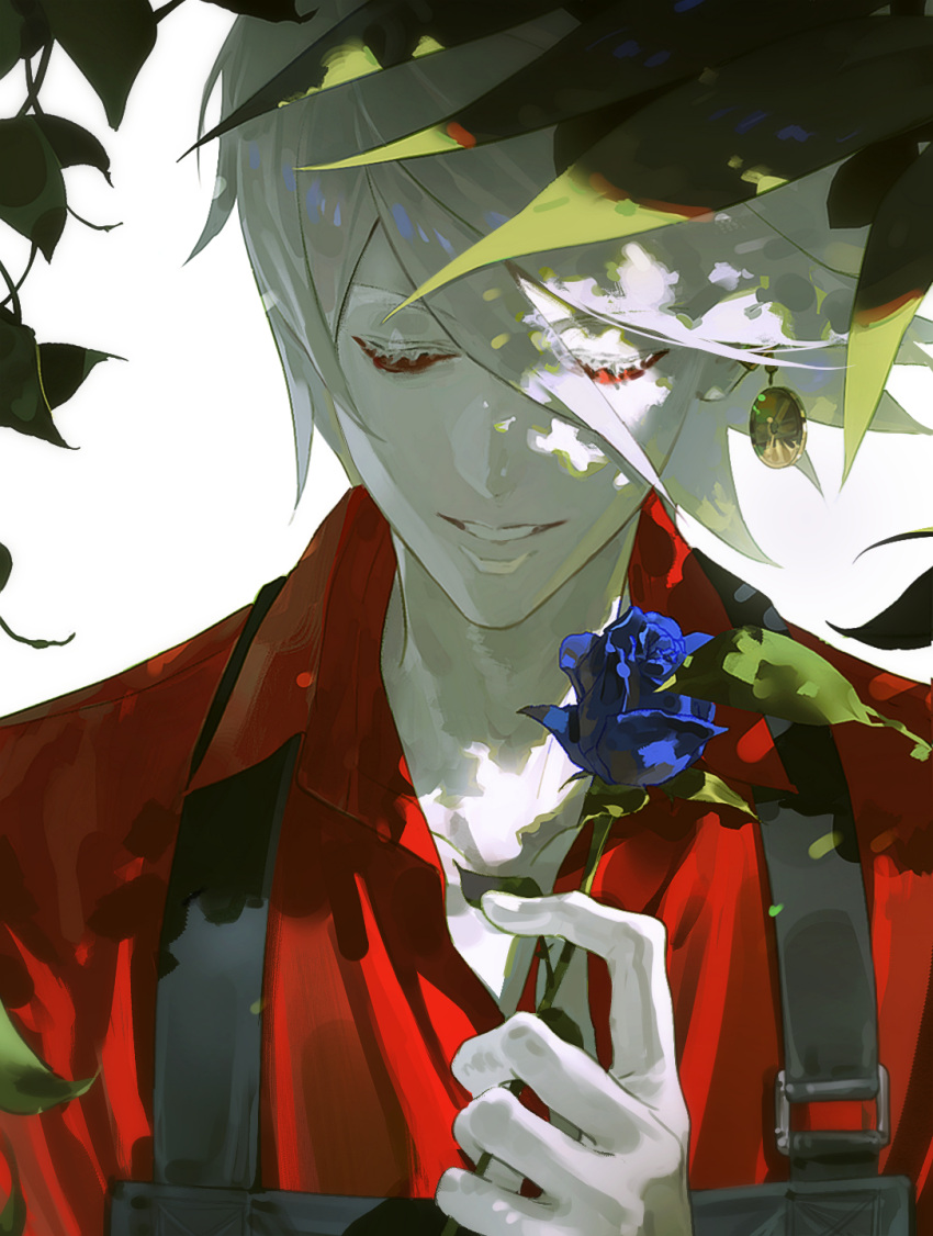 1boy, blue_eyes, blue_flower, blue_rose, closed_eyes, earrings, fate/grand_order, fate_(series)