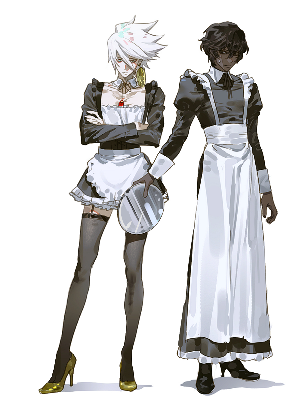 2boys, alternate_costume, apron, arjuna_(fate), black_dress, black_hair, black_thighhighs, blue_eyes, brothers, chest_jewel, crossdressing, crossed_arms, dark-skinned_male, dark_skin, dress, earrings, enmaided, fate/grand_order, fate_(series), frilled_apron, frills, full_body, garter_straps, gy0zax2, hair_between_eyes, highres, jewelry, juliet_sleeves, karna_(fate), long_sleeves, looking_at_viewer, maid, maid_apron, male_focus, male_maid, multiple_boys, puffy_sleeves, short_hair, siblings, simple_background, standing, sweatdrop, thigh-highs, white_apron, white_background, white_hair