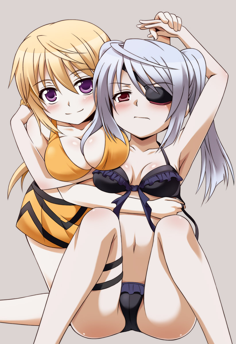 armpits, bad_id, bikini, blonde_hair, charlotte_dunois, eyepatch, face, highres
