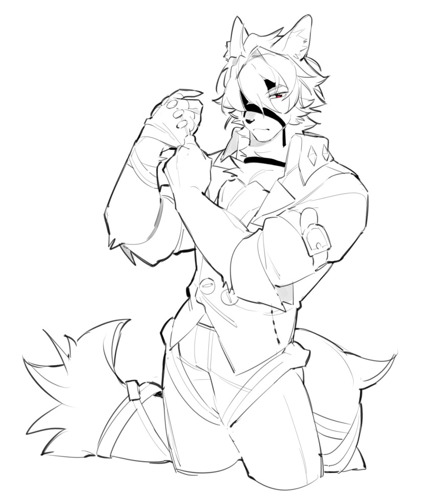 1boy, animal_ears, closed_mouth, english_commentary, eyepatch, fingerless_gloves, furry, furry_male, gloves, highres, looking_at_viewer, male_focus, red_eyes, shoko_contane, sketch, tail, tail_belt, von_lycaon, wolf_boy, wolf_ears, wolf_tail, zenless_zone_zero