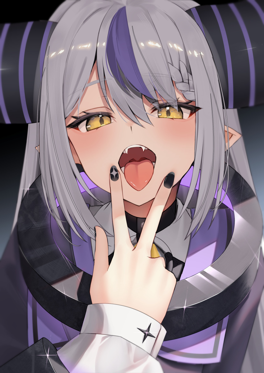 1girl, absurdres, black_hair, black_nails, fangs, fingernails, grey_hair, highres