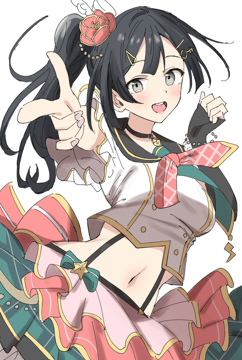 1girl, bien_(djpwjd1), black_hair, bow, finger_gun, fingerless_gloves, flower_ornament, gloves