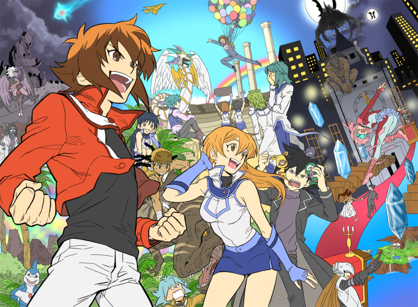 blonde_hair, brown_eyes, brown_hair, demon, dinosaur, dragon, duel_monster, edo_phoenix