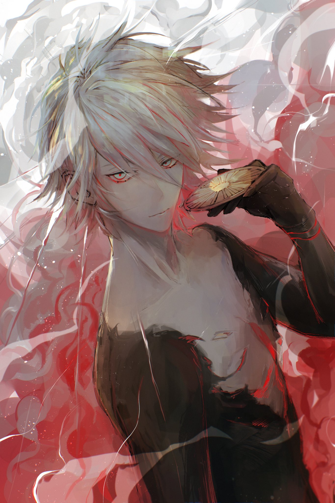 1boy, bishounen, blue_eyes, chest_jewel, earrings, eyeshadow, eyeshadow_under_eye, fate/grand_order, fate_(series), hair_between_eyes, highres, jewelry, jun_canopus, karna_(fate), looking_at_viewer, makeup, male_focus, pale_skin, red_eyeshadow, short_hair, solo, upper_body, white_hair