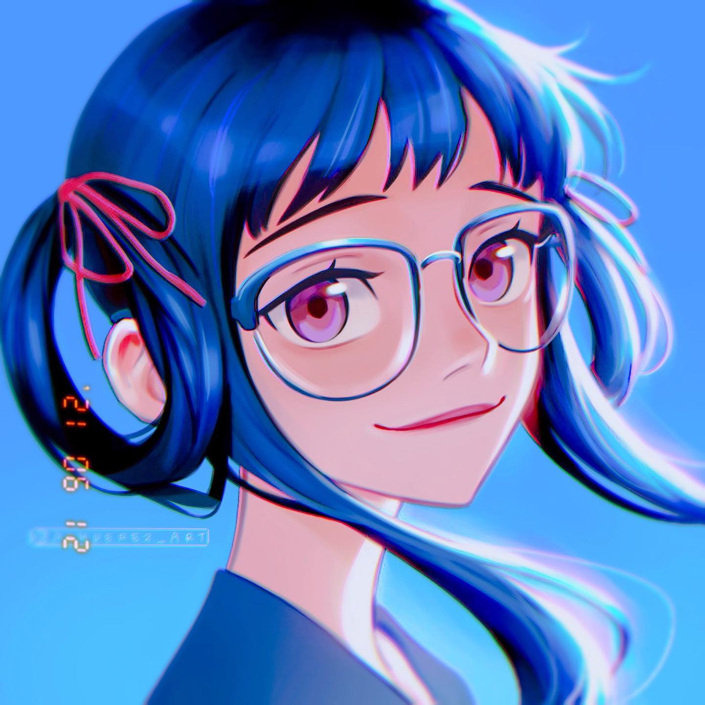1girl, blue_hair, chromatic_aberration, closed_mouth, commentary, dated, english_commentary, glasses