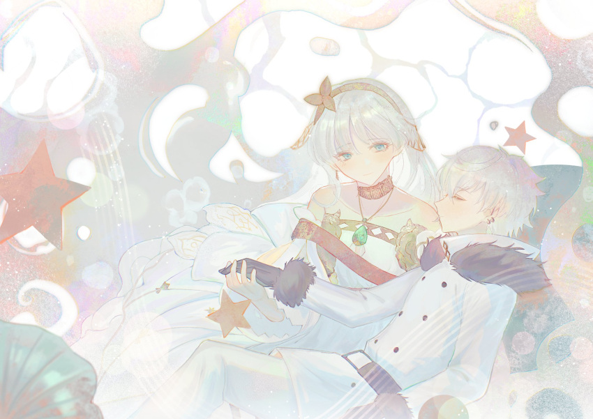 1boy, 1girl, anastasia_(fate), bare_shoulders, blue_eyes, closed_eyes, dress, earrings, fate/grand_order, fate_(series), fur-trimmed_jacket, fur_trim, gloves, grey_hair, guiyuchen21490, hair_between_eyes, hairband, highres, holding_hands, jacket, jewelry, kadoc_zemlupus, long_hair, multiple_earrings, necklace, short_hair, smile, very_long_hair, white_dress
