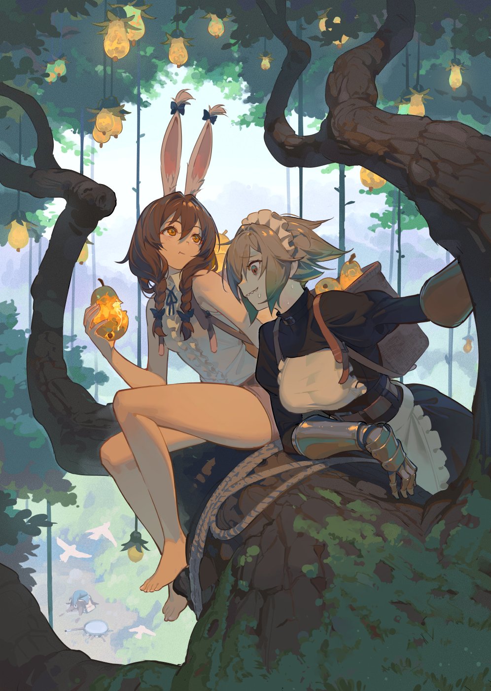 2girls, animal_ear_fluff, animal_ears, apron, arm_armor, bag, barefoot, basket