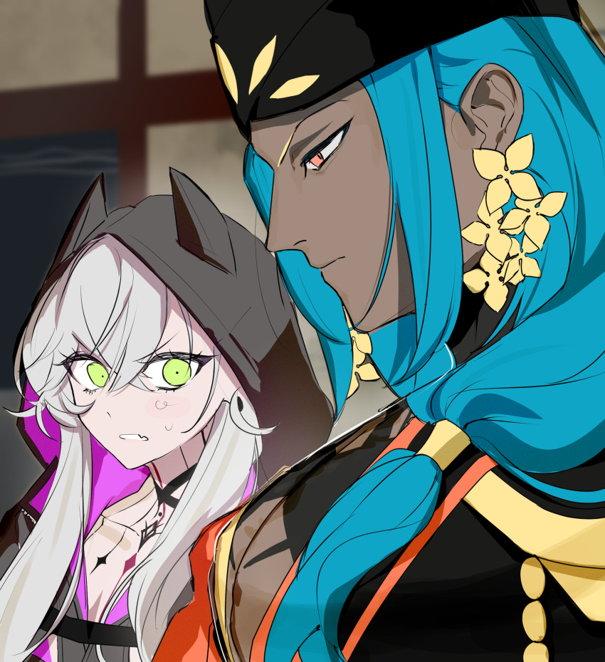 1boy, 1girl, ashoka_(fate), black_turban, blue_hair, body_markings, choker, dark-skinned_male