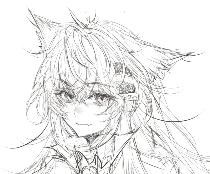 1girl, an_dong, animal_ears, arknights, closed_mouth, commentary_request, fang, greyscale