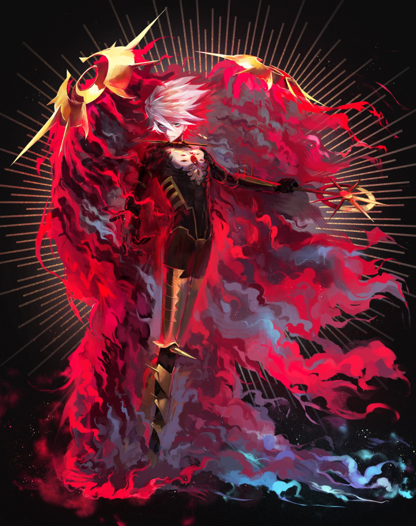 1boy, blue_eyes, chest_jewel, collar, earrings, eyeshadow, eyeshadow_under_eye, fate/grand_order, fate_(series), full_body, hair_between_eyes, highres, holding, holding_polearm, holding_weapon, jewelry, jun_canopus, karna_(fate), kavacha_(fate), kundala_(fate), looking_at_viewer, makeup, male_focus, polearm, red_eyeshadow, short_hair, solo, spiked_collar, spikes, standing, vasavi_shakti_(fate), weapon, white_hair