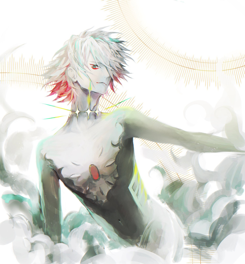 1boy, blue_eyes, chest_jewel, covered_navel, cowboy_shot, eyeshadow, eyeshadow_under_eye, fate/grand_order