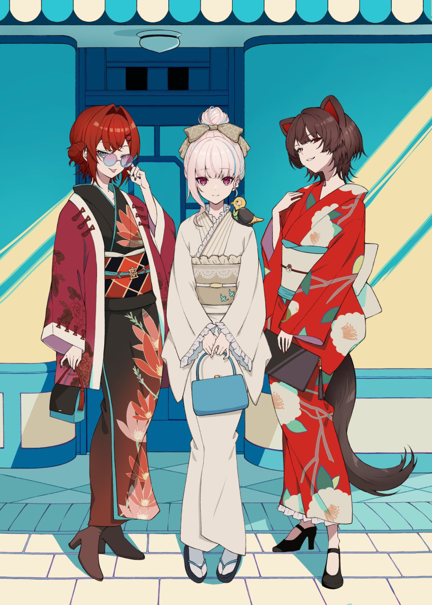 3girls, :p, adjusting_eyewear, ange_katrina, ange_katrina_(new_year), animal, animal_ears, animal_on_shoulder